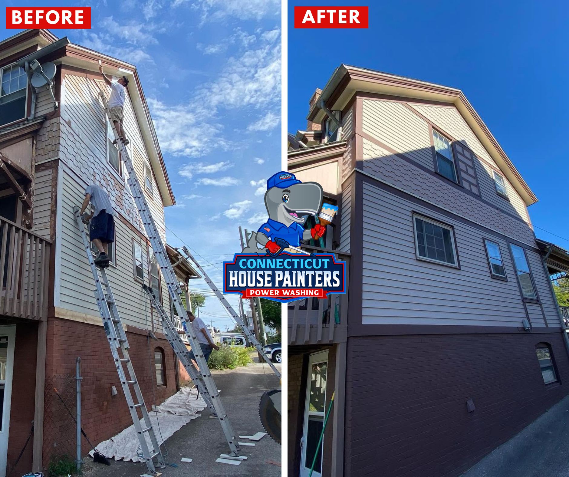 Exterior residential restoration project with crew in New London